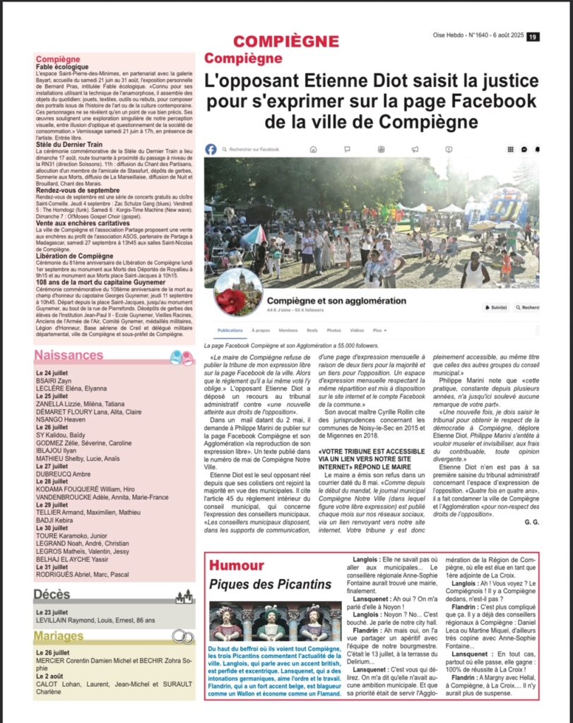 Oise hebdo 6 août 2025 Etienne Diot expression facebook Compiègne